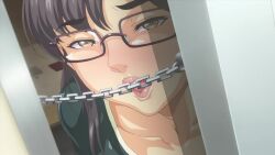1boy 1girl animated ano_danchi_no_tsuma-tachi_wa assisted_exposure black_hair breasts censored cum cum_on_body cum_on_eyewear door_chain doorway ejaculation facial fellatio french_kiss furukawa_yuuko glasses grabbing_another&#039;s_breast groping handjob hetero huge_breasts kiss nipples oral paizuri tagme undressing video
