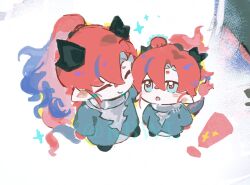 ! 2boys :o ^_^ age_difference aged_up aqua_eyes aqua_jacket arknights birdy44982 black_shoes blue_hair chibi chibi_only chinese_commentary closed_eyes closed_mouth colored_extremities colored_skin curtained_hair dragon_boy dragon_horns dragon_tail dual_persona eastern_dragon_tail full_body hair_between_eyes headpat highres horns jacket long_hair looking_at_another male_focus multicolored_hair multiple_boys pointy_ears red_hair red_pupils red_skin shoes short_eyebrows smile standing streaked_hair tail time_paradox wavy_hair white_background wide_ponytail yu_(arknights)