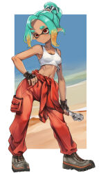 Rule 34 | 1girl, adjustable wrench, arm at side, armpits, bare arms, bare shoulders, black mask, black sports bra, border, breasts, closed mouth, dark-skinned female, dark skin, day, domino mask, fingerless gloves, full body, gloves, green hair, hair ornament, hand on own hip, highres, holding, holding wrench, inkling, jajanome, jumpsuit, legs apart, looking to the side, mask, mechanic (splatoon raiders), multicolored hair, navel, nintendo, orange hair, orange jumpsuit, outdoors, outside border, pointy ears, red eyes, shoes, small breasts, solo, splatoon (series), splatoon raiders, sports bra, standing, stomach, tank top, tools, white border, white tank top, wrench