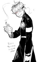 1boy eyepatch face_piercing greyscale japanese_text last_defense_academy_school_uniform lip_piercing looking_at_viewer male_focus monochrome omokage_yugamu one_eye_covered piercing sketch smile solo solo_focus standing the_hundred_line_-last_defense_academy- translation_request upper_body