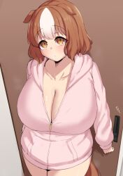 Rule 34 | 1girl, absurdres, alternate costume, animal ears, arms at sides, belno light (umamusume), breasts, brown hair, cleavage, closed mouth, collarbone, commentary request, cowboy shot, door, highres, hood, hooded jacket, hoodie, horse ears, horse girl, horse tail, huge breasts, indoors, jacket, long sleeves, looking at viewer, medium hair, multicolored hair, noe (ppppriver), partially unzipped, pink hoodie, shiny skin, solo, sound effects, standing, tail, two-tone hair, umamusume, umamusume: cinderella gray, white hair, yellow eyes, zipper
