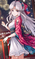 1girl absurdres adapted_costume alternate_costume aqua_eyes blurry blurry_background bow breasts carlotta_(wuthering_waves) commentary dress english_commentary fireworks from_side hair_bow hairband hand_up highres holding holding_fireworks jacket long_hair medium_breasts multicolored_eyes night night_sky parted_bangs parted_lips pink_bow pink_eyes pink_hairband pink_jacket revision ryeon_(naturesan) sky smile solo sparkler striped_bow two-tone_eyes white_dress white_hair wuthering_waves