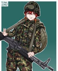 absurdres camouflage goggles goggles_on_headwear gun gun_sling helmet highres load_bearing_vest m60_(machine_gun) machine_gun military military_uniform orange_eyes original rafael_(rafa_w73) red_hair v weapon