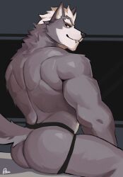1boy animal_ears ass bara biceps black_fur closed_mouth commentary english_commentary fang fang_out from_behind furry furry_male highres jockstrap looking_at_viewer looking_back male_focus male_underwear muscular muscular_male nintendo profile radcanine signature sitting smile star_fox tail topless_male underwear white_hair wolf_boy wolf_ears wolf_o&#039;donnell wolf_tail