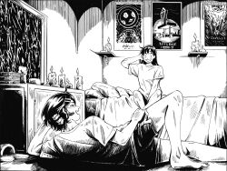 2girls barefoot bed bedroom between_legs blush book book_stack candle candlelight commentary cupboard dolphin_shorts english_commentary eye_contact foot_out_of_frame futsuu_no_keion-bu greyscale hair_ornament hairpin half-closed_eyes hand_between_legs hand_in_own_hair hand_on_own_head hand_on_own_hip hatching_(texture) hatono_chihiro head_rest highres iceghost indoors knee_up kouyama_rin linear_hatching lineart long_hair looking_at_another lying monochrome multiple_girls nervous nervous_sweating on_bed on_floor on_side open_mouth pillow poster_(object) sanpaku shirt short_hair short_shorts short_sleeves shorts side_ahoge sitting slippers smile sweat t-shirt toes unworn_slippers window