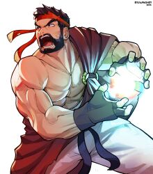 1boy absurdres angry artist_name bad_id bad_pixiv_id bare_shoulders beard biceps black_gloves black_hair black_ribbon brown_eyes collarbone commentary dated energy energy_ball english_commentary facial_hair fingerless_gloves gloves hadouken hands_up headband highres looking_away male_focus muscular muscular_male open_mouth pants pectorals red_headband ribbon ryu_(ryuwanshoy) ryu_(street_fighter) sash short_hair simple_background single_bare_shoulder solo standing street_fighter street_fighter_6 teeth thick_eyebrows tongue v-shaped_eyebrows white_background white_pants