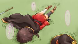 1boy 1girl aftersex ass bad_tag bandaged_leg bandages black_cape black_panties brown_hair cape choten cum cum_on_ass cum_on_body cum_on_clothes defeat doggystyle duplicate face_down fantasy gloves grass hat kiabpp kono_subarashii_sekai_ni_shukufuku_wo! lying megumin motion_lines no_panties non-web_source on_stomach panties rape satou_kazuma sex_from_behind slideshow solo translation_request trembling underwear