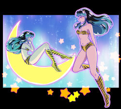01angelegg 1girl animal_print aqua_hair arms_behind_back bare_arms black_border black_hair black_stripes blush border bra breasts cleavage crescent_moon dated floating_hair full_body half-closed_eyes kneehighs long_hair lum medium_breasts moon multicolored_hair navel outline panties pink_outline print_bra print_panties profile socks solo strapless strapless_bra striped_bra striped_clothes striped_panties striped_socks tiger_print tiger_stripes twitter_username underwear underwear_only urusei_yatsura yellow_bra yellow_panties yellow_socks