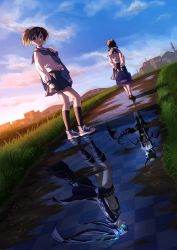 2girls absurdres arms_behind_back bikini bikini_top_only black_bikini black_footwear black_rock_shooter black_rock_shooter_(character) black_sailor_collar black_shorts black_skirt black_socks blue_footwear blue_neckerchief blue_sky boots brown_hair collared_shirt day dead_master flaming_eyes highres kizaminori knee_boots kneehighs kuroi_mato loafers long_hair miniskirt multiple_girls neckerchief outdoors pleated_skirt reflection reflective_water sailor_collar sailor_shirt school_uniform serafuku shirt shoes short_shorts shorts skirt sky sneakers socks standing swimsuit takanashi_yomi twintails walking white_shirt white_socks