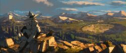 animal bird blue_sky cliff cloud cloudy_sky crow day dust_girl forest highres looking_at_animal mountainous_horizon mountaintop nature original pine_tree shadow sitting sky sunlight sunset tree witch