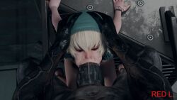 1girl 3d artist_name blue_eyes colored_skin deepthroat fellatio grey_skin hands_on_another&#039;s_head headdress highres loli monster nier nier_(series) oral outlast realistic red_l sitting snot tearing_up tears walrider white_hair yonah