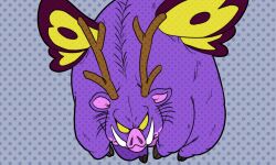 Rule 34 | 1other, animal, antlers, butterfly wings, chankop, colored sclera, commentary request, creature, creature focus, deer antlers, dragon ball, dragon ball (classic), grey background, horns, inoshikachou (dragon ball), insect wings, looking at viewer, no humans, pink fur, polka dot, polka dot background, purple fur, solo, tusks, wings, yellow sclera, yellow wings