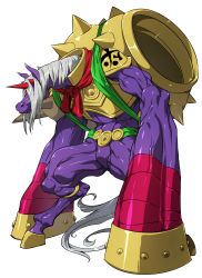 1boy absurdres armor biceps chinese_zodiac deva_(digimon) digimon highres horn horse horse_(chinese_zodiac) indaramon long_hair muscular shell weapon white_hair