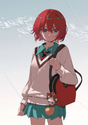 1girl absurdres amate_yuzuriha aqua_shirt aqua_skirt closed_mouth collared_shirt commentary cowboy_shot gan_xing_naobing green_eyes grey_background gundam gundam_gquuuuuux hair_between_eyes highres long_sleeves looking_at_viewer miniskirt red_hair school_uniform shirt short_hair skirt solo standing sweater white_sweater wing_collar