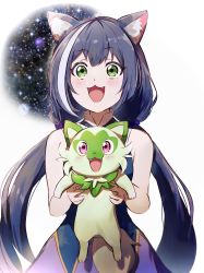 1girl :3 animal_ear_fluff animal_ears black_hair cat_ears cat_girl commentary_request crossover dress fangs game_freak green_eyes hamachamu highres karyl_(princess_connect!) long_hair low_twintails meme multicolored_hair nintendo open_mouth pink_eyes pokemon princess_connect! sleeveless sleeveless_dress smile space_cat_(meme) sprigatito streaked_hair twintails two-tone_hair very_long_hair white_hair