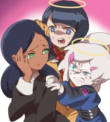 3girls angry black_hair blue_eyes bob_cut bodysuit breasts closed_mouth commentary_request dark-skinned_female dark_skin deux_murasame double_bun dress freckles green_eyes grey_hair gundam gundam_gquuuuuux hair_bun halo highres keuma lalah_sune long_hair mecha_pilot_suit military_uniform multiple_girls open_mouth shiiko_sugai short_hair smile tears yellow_halo