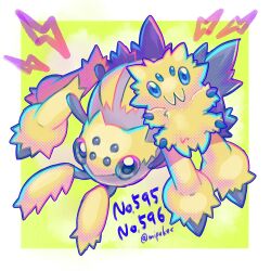 blue_eyes border bug commentary_request evolutionary_line extra_eyes full_body galvantula gen_5_pokemon green_background highres joltik looking_at_viewer mipokec nintendo no_humans outside_border pokedex_number pokemon pokemon_(creature) pokemon_focus spider twitter_username white_border yellow_fur