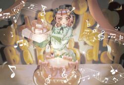 1girl artist_request balloon birthday black_bonnet black_ribbon blunt_bangs blush bonnet brown_eyes buttons cake candle chinese_commentary collared_shirt commentary_request confetti cowboy_shot double-parted_bangs dress fire food frilled_dress frilled_headwear frilled_shirt_collar frilled_sleeves frills gift green_dress green_shirt happy_birthday high_collar highres holding holding_gift letter_balloon light_particles long_dress long_sleeves looking_at_food medium_hair musical_staff neck_ribbon nikki_(nikki) nikki_(series) open_mouth pink_hair pinstripe_pattern pinstripe_shirt plate puffy_long_sleeves puffy_sleeves ribbon second-party_source shadow shirt shirt_under_dress sleeve_ribbon solo sparkle square_neckline standing table treble_clef