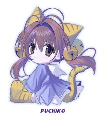 1girl animal_ears antenna_hair bell blue_dress brown_eyes brown_hair cat_ears cat_tail character_name chibi closed_mouth di_gi_charat dot_mouth dress expressionless hair_between_eyes highres jingle_bell looking_at_viewer low_twintails medium_hair pepeppepe101 puchiko simple_background sitting solo tail twintails white_background