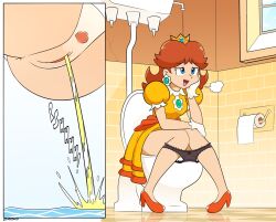 1girl anus ass ass_focus bathroom black_panties blue_eyes blush bottomless brown_hair crown dangerking11 dress earrings female_pubic_hair flower flower_earrings flower_ornament high_heels highres huge_ass indoors jewelry knees legs mario_(series) nintendo panties pee peeing princess princess_daisy pubic_hair pussy shoes smile super_mario_land tan toilet toilet_paper toilet_use tomboy uncensored underwear water yellow_dress