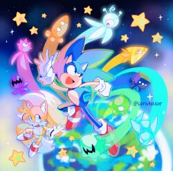 2boys 6+others animal_ears animal_nose arms_up artist_name black_sky blue_eyes blue_fur blue_skin blue_sky blurry blurry_background colored_skin constellor earth_(planet) flying fox_boy fox_ears fox_tail furry furry_male gloves gradient_sky green_eyes green_skin hedgehog highres leg_up looking_to_the_side looking_up multiple_boys multiple_others multiple_tails no_mouth open_mouth pink_skin planet purple_skin red_eyes red_footwear shoes short_tail sky smile sneakers socks sonic_(series) sonic_colors sonic_the_hedgehog space star_(sky) star_(symbol) starry_sky tail tails_(sonic) tongue two_tails white_gloves white_socks wisp_(sonic) yellow_eyes yellow_fur yellow_skin yellow_sky