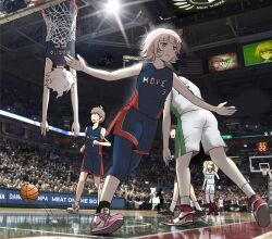 Rule 34 | 2girls, 4boys, alter ego (danganronpa), ball, basketball, basketball (object), basketball court, basketball hoop, basketball uniform, blonde hair, breasts, brown hair, danganronpa: trigger happy havoc, danganronpa (series), danganronpa 2: goodbye despair, enoshima junko, highres, hinata hajime, kmnm 1403, komaeda nagito, long hair, monokuma, multiple boys, multiple girls, nanami chiaki, open mouth, playing sports, shirt, short hair, shorts, smile, soda kazuichi, sportswear, upside-down