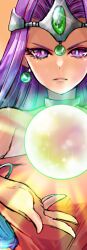Rule 34 | 1girl, asymmetrical dress, bracelet, circlet, colored eyelashes, crystal ball, curtained hair, dark-skinned female, dark skin, dragon quest, dragon quest iv, dress, earrings, eyelashes, floating, floating object, forehead jewel, gem, glint, glowing, green gemstone, hand up, jewelry, long hair, looking at viewer, minea (dq4), neck ring, orb, parted bangs, purple eyes, purple hair, single bare shoulder, single sleeve, solo, sparkle, sphere earrings, upper body, urihara84, v-shaped eyebrows