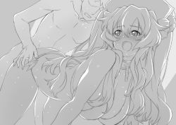 1boy 1girl :d anne_bonny_(fate) bad_id bad_nijie_id bikini blush breasts clothed_sex collar doggystyle fate/grand_order fate_(series) greyscale hair_between_eyes hat hetero highres large_breasts long_hair looking_back monochrome open_mouth sex sex_from_behind side-tie_bikini_bottom smile sweat swimsuit two_side_up very_long_hair zee_(zee_sub)