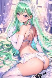 1girl absurdres ass bare_shoulders blush breasts bridal_lingerie bridal_veil bride earrings elbow_gloves gloves green_hair high_heels highres jewelry lace lace-trimmed_legwear lace_trim large_breasts lingerie long_hair looking_at_viewer panties purple_eyes smile solo sugiki swept_bangs thighhighs underwear veil virtual_youtuber vspo! white_gloves white_panties white_thighhighs yakumo_beni