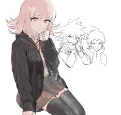 Rule 34 | 1girl, 2boys, brown hair, brown skirt, collared shirt, danganronpa (series), danganronpa 2: goodbye despair, e fghij, flipped hair, hair ornament, highres, hinata hajime, jacket, komaeda nagito, long sleeves, looking at viewer, medium hair, messy hair, multiple boys, nanami chiaki, neck ribbon, no hair ornament, open clothes, open jacket, pink eyes, pink ribbon, pleated skirt, ribbon, shirt, skirt, thighhighs, two-tone shirt, white shirt