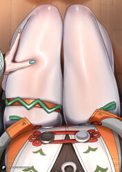 1girl absurdres belle_(delicate_daylight)_(zenless_zone_zero) belle_(zenless_zone_zero) breasts commentary english_commentary enma_(enmanuelart) female_pov highres multicolored_nails official_alternate_costume pantyhose patreon_username pov solo thigh_focus thigh_strap thighs white_pantyhose zenless_zone_zero