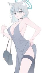 1girl absurdres animal_ear_fluff animal_ears armpits bag bare_shoulders black_choker blue_archive blue_eyes breasts choker cleavage cocktail_dress cowboy_shot dress extra_ears grey_dress grey_hair hair_ornament halo hand_on_own_hip highres long_hair looking_at_viewer medium_breasts mismatched_pupils parted_lips plunging_neckline rable shiroko_(blue_archive) shoulder_bag side_slit simple_background sleeveless sleeveless_dress solo spaghetti_strap standing thigh_strap thighs white_background wolf_ears