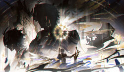 3boys antenna_hair armor asymmetrical_wings black_choker black_cloak black_shirt blue_cape cape chinese_commentary choker cloak coat commentary_request dark_persona flame_reaver_of_the_deepest_dark floating_cape halo halo_behind_head highres holding holding_sword holding_weapon honkai:_star_rail honkai_(series) hood hood_up hooded_cloak lieshang773 male_focus multiple_boys multiple_persona parted_bangs pauldrons phainon_(honkai:_star_rail) shirt short_hair shoulder_armor single_pauldron sword weapon white_coat white_hair wings yellow_blood