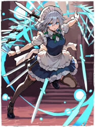 1girl apron asakura_maru black_shoes blue_dress blue_eyes braid breasts dress frills full_body grey_hair hair_between_eyes hair_ribbon highres izayoi_sakuya looking_at_viewer maid maid_apron maid_headdress medium_breasts medium_hair multiple_knives open_mouth ribbon shoes short_sleeves solo thighhighs touhou twin_braids white_sleeves wrist_cuffs