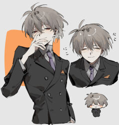 Rule 34 | 1boy, ^ ^, absurdres, antenna hair, arm up, black jacket, buttons, chibi, closed eyes, closed mouth, collared shirt, cropped torso, double-breasted, double-parted bangs, formal clothes, grey hair, hair between eyes, hand on own face, highres, jacket, lapels, layered sleeves, long sleeves, looking to the side, male focus, mogutofuoes, multiple views, nagisa kaworu, necktie, neon genesis evangelion, pocket square, purple necktie, red eyes, shirt, short hair, smile, suit jacket, white shirt, wing collar