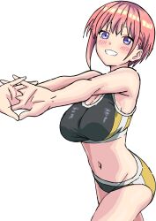 1girl absurdres black_sports_bra blush breasts commentary cowboy_shot go-toubun_no_hanayome grin highres large_breasts looking_at_viewer nakano_ichika navel outstretched_arms pink_hair purple_eyes riokasen short_hair simple_background smile solo sports_bikini sports_bra sports_panties stomach stretching two-tone_sports_bra white_background yellow_sports_bra