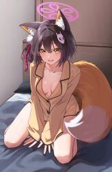 1girl absurdres alternate_costume animal_ear_fluff animal_ears bed_sheet black_hair blue_archive blush commentary_request fox_ears fox_girl fox_hair_ornament fox_tail hair_between_eyes hair_intakes hair_ornament highres indoors izuna_(blue_archive) long_sleeves looking_at_viewer mixed-language_commentary no_pants on_bed one_side_up open_mouth pajamas pillow pom_pom_(clothes) pom_pom_hair_ornament rope shimenawa shirt short_hair tail thighs yellow_eyes yellow_pajamas yellow_shirt yellow_tail yuon_6262