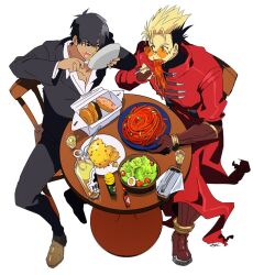 2boys alcohol black_eyes black_hair black_jacket black_pants blonde_hair blue_eyes bottle brown_footwear brown_gloves chair cheek_bulge cherry_tomato coat cup donut drinking_glass eating egg_(food) eye_contact food fork fried_rice full_body gloves hair_between_eyes hair_slicked_back highres holding holding_fork holding_plate holding_spoon jacket lapels long_coat looking_at_another male_focus multiple_boys napolitan nicholas_d._wolfwood notched_lapels open_collar open_mouth orange-tinted_eyewear pants partially_fingerless_gloves pasta pastry_box pirohi_(pirohi214) plate prosthesis prosthetic_arm red_coat round_eyewear salad shirt short_hair sideways_glance simple_background sitting spaghetti spiked_hair spoon suit_jacket sunglasses tabasco table teeth tinted_eyewear tomato trigun trigun_maximum undercut vash_the_stampede white_background white_shirt wine_bottle wing_collar