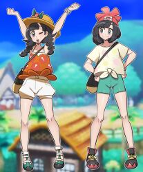 2girls ;o arms_up bag black_bag black_eyes black_hair black_shoes blurry blurry_background braid brown_hat clenched_hands closed_eyes commentary dual_persona english_commentary eyelashes flower full_body green_shorts hands_on_own_hips hat hat_flower looking_at_another looking_at_viewer medium_hair missandydandy multiple_girls nintendo one_eye_closed open_mouth orange_shirt pokemon pokemon_sm pokemon_usum selene_(pokemon) shirt shoes short_hair shorts shoulder_bag sleeveless sleeveless_shirt smile spaghetti_strap teeth twin_braids upper_teeth_only white_shoes white_shorts yellow_shirt