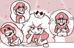 1boy 1girl akiiame big_nose blush brooch closed_eyes cloud elbow_gloves eyelashes facial_hair gloves half-closed_eyes hat heart highres holding holding_pen ink inkwell jewelry lips long_hair long_sleeves looking_down mario mario_(series) mustache nintendo paper pen princess_peach puffy_short_sleeves puffy_sleeves short_sleeves sidelocks smile speech_bubble standing super_mario_bros._1 sweat table twitter_username writing