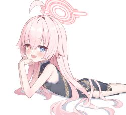 1girl absurdres ahoge black_dress blue_archive breasts china_dress chinese_clothes dragon_print dress fang halo highres hoshino_(blue_archive) long_hair lunashin open_mouth pink_eyes pink_hair pink_halo white_background yellow_eyes