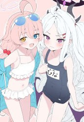 2girls absurdres ahoge bare_shoulders bikini bikini_skirt black_halo black_one-piece_swimsuit blue-tinted_eyewear blue_archive blue_eyes blue_jacket blush closed_mouth demon_girl demon_horns demon_wings eyewear_on_head fang flat_chest frilled_bikini frills hair_bobbles hair_ornament halo heterochromia highres hina_(blue_archive) hina_(swimsuit)_(blue_archive) horns hoshino_(blue_archive) hoshino_(swimsuit)_(blue_archive) huge_ahoge jacket long_hair looking_at_viewer low_twintails low_wings mistel_(sukebemistel) multiple_girls name_tag navel official_alternate_costume old_school_swimsuit one-piece_swimsuit open_clothes open_jacket open_mouth pink_hair pink_halo purple_eyes purple_wings school_swimsuit simple_background skin_fang smile sunglasses sweat swimsuit tinted_eyewear twintails white-framed_eyewear white_bikini wings yellow_eyes