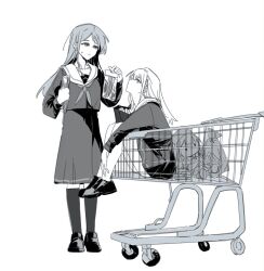 2girls bang_dream! bang_dream!_it&#039;s_mygo!!!!! chinese_commentary closed_mouth commentary_request cucumber e-fa-dorn grey_hair greyscale hair_ornament hairclip highres holding kneehighs long_hair monochrome mortis_(bang_dream!) mortis_(costume)_(bang_dream!) multiple_girls nagasaki_soyo neckerchief sailor_collar school_uniform shoes shopping_cart socks sweatdrop tsukinomori_school_uniform wakaba_mutsumi wakaba_mutsumi_(doll)