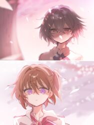 2girls akasaka_miyuki blue_bow blue_bowtie bow bowtie bright_background brown_eyes brown_hair cherry_blossoms falling_petals grey_hair highres higurashi_no_naku_koro_ni higurashi_no_naku_koro_ni_mei kimiyoshi_kazuho ma_(aaayabaina111) multiple_girls petals purple_eyes red_bow red_bowtie rose_petals school_uniform shaded_face shirt short_hair side_ponytail st._lucia_academy_school_uniform white_background white_shirt yuri