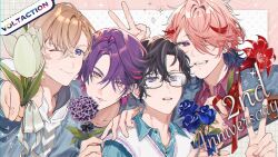 4boys :d anniversary barbell_piercing black-framed_eyewear black_bow black_hair blonde_hair blue_bow blue_eyes blue_flower blue_jacket blue_shirt border bow closed_mouth collarbone collared_shirt colored_inner_hair commentary crossed_bangs denim denim_jacket ear_piercing earrings fang flower flower_request fura_kanato glasses grey_shirt hair_between_eyes hair_intakes hair_over_one_eye hand_on_another&#039;s_shoulder hand_up hands_up highres holding holding_flower hood hood_down hoodie industrial_piercing jacket jacket_on_shoulders jewelry kaburagi_(pnoir087) looking_at_viewer lower_teeth_only male_focus medium_hair mole mole_on_neck multicolored_eyes multicolored_hair multiple_boys musical_note_earrings nijisanji one_eye_closed one_eye_covered open_clothes open_jacket open_mouth orange_hair parted_bangs piercing pink_border pink_hair purple_eyes purple_flower purple_hair red_eyes red_flower red_hair red_ribbon red_shirt ribbon seraph_dazzlegarden shikinagi_akira shirt short_hair skin_fang smile sparkle streaked_hair sweater_vest swept_bangs symbol-only_commentary teeth two-tone_eyes two-tone_hair upper_body upper_teeth_only v virtual_youtuber voltaction watarai_hibari white_border white_flower white_hoodie white_ribbon white_sweater_vest yellow_eyes