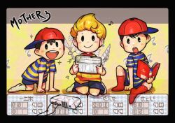 3boys artist_request bad_tag black_hair blonde_hair blue_shorts blush_stickers book child controller game_console game_controller handheld_game_console hat lucas_(mother_3) male male_focus mother_(series) mother_2 mother_3 multiple_boys ness ness_(mother_2) ninten nintendo open_mouth playing_videogame red_headwear shirt short_sleeves shorts shota sideways_hat sitting smile socks striped striped_clothes striped_shirt super_smash_bros. wii_u