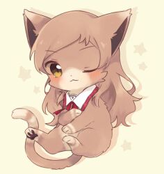animal animal_focus animalization brown_eyes brown_fur brown_hair cat clothed_animal detached_collar full_body idolmaster idolmaster_million_live! kitazawa_shiho long_hair looking_at_viewer nako_(user_wnnm5534) no_humans one_eye_closed shadow solo star_(symbol)