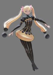 1girl black_dress black_gloves black_leggings black_pantyhose black_socks blonde_hair blue_eyes bodice bottle bow breasts bridal_gauntlets bridal_sleeves chest_belt commentary contrapposto crossed_ankles dress english_commentary eyebrows_hidden_by_hair floating floating_hair gloves glowing gold_dress grey_background hair_bow hair_tubes half-closed_eyes high_collar highres juliet_sleeves latex latex_dress latex_legwear leggings legs_together light_smile long_eyelashes long_hair long_legs long_sleeves miniskirt multiple_hair_bows no_shoes open_hands original outstretched_arms pantyhose perfume_bottle personification pink_bow puffy_sleeves sidelocks simple_background skirt small_breasts smile socks solo spread_arms swept_bangs thick_eyelashes thighs twintails two-tone_dress vertigris very_long_hair