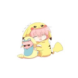 1girl bocchi_the_rock! chibi chibi_only closed_eyes cosplay creatures_(company) crying dunsparce dunsparce_(cosplay) full_body game_freak gen_1_pokemon gen_2_pokemon gotoh_hitori gotoh_hitori_(tsuchinoko) hood hood_up kigurumi long_sleeves nintendo open_mouth pikachu pikachu_(cosplay) pink_hair pokemon rebecca_(keinelove) simple_background sitting tears trembling white_background