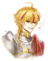 1boy ahoge armor blonde_hair braid braided_ponytail cape cropped_torso fate/grand_order fate_(series) highres looking_at_viewer male_focus multicolored_hair pppeipeipipi red_cape red_eyes red_hair richard_i_(fate) simple_background single_braid smile solo speech_bubble streaked_hair white_background